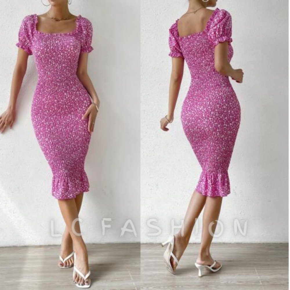 Bodycon Dress, Floral Print Puff Sleeve Ruffle Hem Dress, Boho Floral Dress